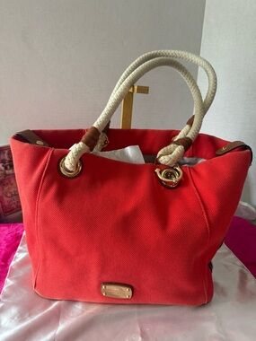 Michael Kors Red Canvas Tote beach bag with Cream Rope Handles